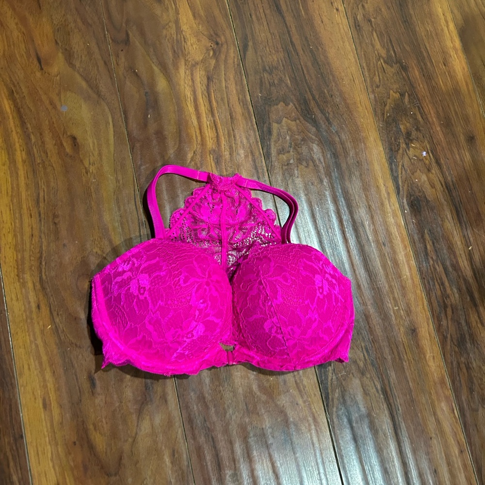 PINK Victoria's Secret Fuchsia Lace Halter Bra, 32DD